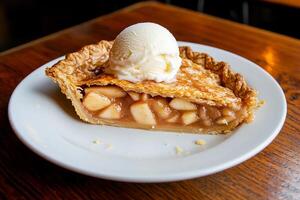 A slice of pie on a plate with ice cream photo