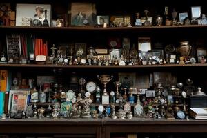 A shelf full of old clocks and other items photo
