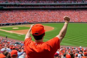 A man in a red shirt and hat at a baseball game photo
