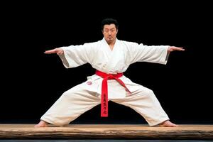 A man in white karate gear is doing a pose photo