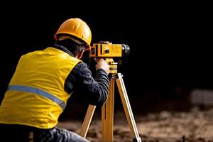 A man in a yellow vest is using a tripod to take a photo