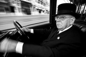 An old man driving a car with a blurry image photo