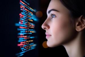 A woman looking at a computer screen with code on it photo