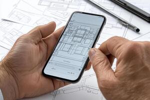 A man using a smartphone to view architectural drawings photo