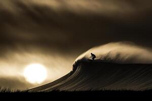 A surfer riding a wave in the dark photo