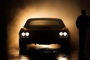 A man standing next to a car in the dark photo