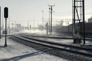 A train is on the tracks in the snow photo