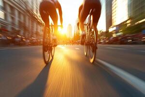 Two cyclists riding down a city street at sunset photo