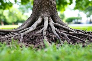 The roots of a tree are shown in the grass photo