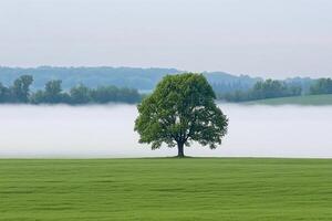 A lone tree stands in a field of green grass photo