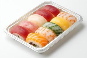 A container filled with sushi rolls photo