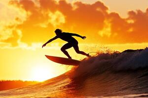 A man riding a wave on a surfboard at sunset photo