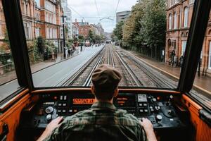 A man driving a train on a city street photo