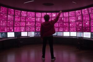 A person standing in front of a large screen with multiple screens photo