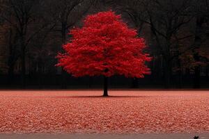 A red tree stands alone in a field of red leaves photo
