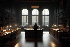 A person standing in a library with lots of books photo