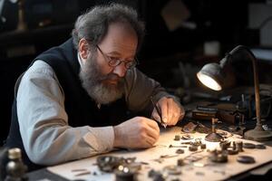 A man with a beard and glasses working on a watch photo