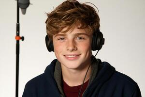 A boy wearing headphones and smiling photo