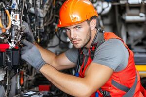 A man in an orange vest and hard hat working on a machine photo