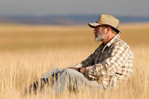 A man sitting in a field with a hat on photo