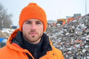 A man in an orange hat and jacket standing in front of a pile of garbage photo