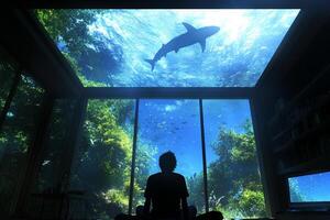 A person sitting in front of a window looking at a shark photo