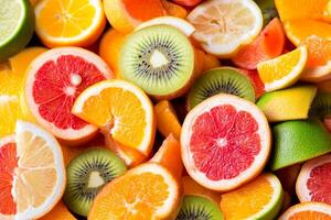 A pile of sliced fruit with oranges, kiwi, and limes photo