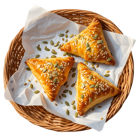 Triangular Pastries with Seeds in Basket Close Up Shot png