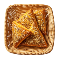 Savory Triangular Pastries Stacked in Basket Isolated Transparent Background png
