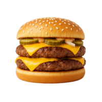 Double Cheeseburger Isolated on Transparent Background with Juicy Beef Patties, Melted Cheddar Cheese, Pickles, Onions, Special Burger Sauce, and Soft Sesame Seed Bun png