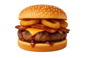 Grilled cheeseburger with bacon, onion rings, and barbecue sauce. Studio food photo isolated on transparent background. Fast food and lunch meal concept. Design for poster, banner, card, header png