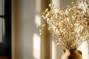 Beautiful Dried Flowers in a Rustic Vase Placed in Sunlit Room photo