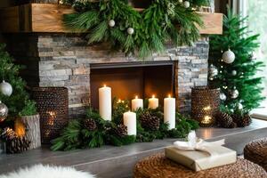 Elegant Holiday Decoration With Candles and Greenery by a Cozy Fireplace in a Stylish Living Room photo