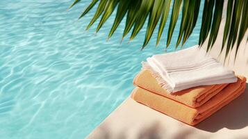 Plush Towels Rest on a Sunlit Poolside Next to Sparkling Turquoise Water photo