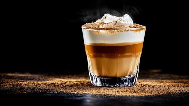 Delicious Latte Coffee With Frothy Cream and Cocoa on Black Background in Cozy Cafe Setting photo