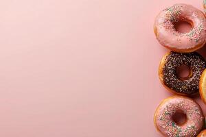 Colorful Assortment of Donuts on a Pink Background for a Delightful Treat photo