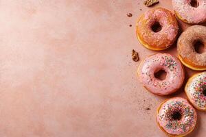 Colorful Donuts Arranged on a Pink Background With Sprinkles and Sugar Coating photo