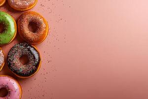Colorful Assortment of Donuts on a Pink Background for a Delightful Treat. photo