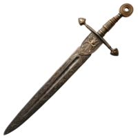 Full View of an Ornate Medieval Knight's Sword with Intricate Designs and Brass Handle on a Transparent Background png