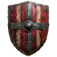 Medieval Knight Shield on Transparent Background Showcasing Weathered Metal Texture and Red Cross Design for Graphic Design Inspiration and Historical Reenactments png