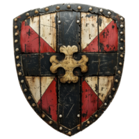 Medieval Knight Shield with Cross Emblem on Worn Wood and Metal Texture Isolated on Transparent Background for Historical Military Design png