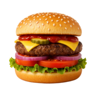 Delicious Hamburger with Cheese, Lettuce, Tomato, Onion, Pickles, and Ketchup on a Sesame Seed Bun for Fast Food Advertising and Menu Design png