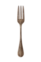 Old distressed metal dining fork with four prongs, straight perspective view, on transparent background for easy use. png