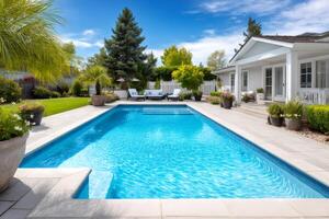 Inviting rectangular swimming pool inspiring tranquility in backyard of luxurious house photo