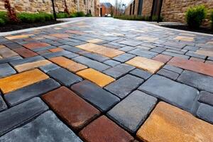 Multicolored cobblestone pavement creating a visually appealing pathway photo