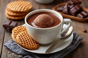 Hot chocolate with chocolate ice cream scoop and waffles cookies on rustic wooden table photo