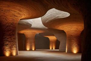 Modern architecture with soft lights illuminating textured walls and open space photo