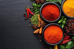 Colorful spices and herbs creating a frame on dark background photo