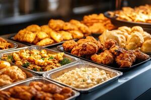 Catering buffet displaying fried chicken, broccoli, mac and cheese, and biscuits photo