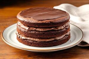Chocolate cake with multiple layers and frosting sitting on a plate photo